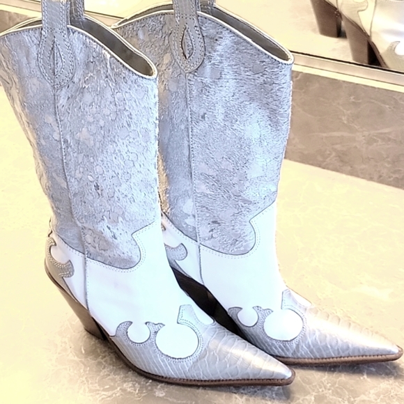 PARA RAIO Genuine Leather Western Silver & White Cowgirl Boots, Sz 9 - Picture 11 of 16